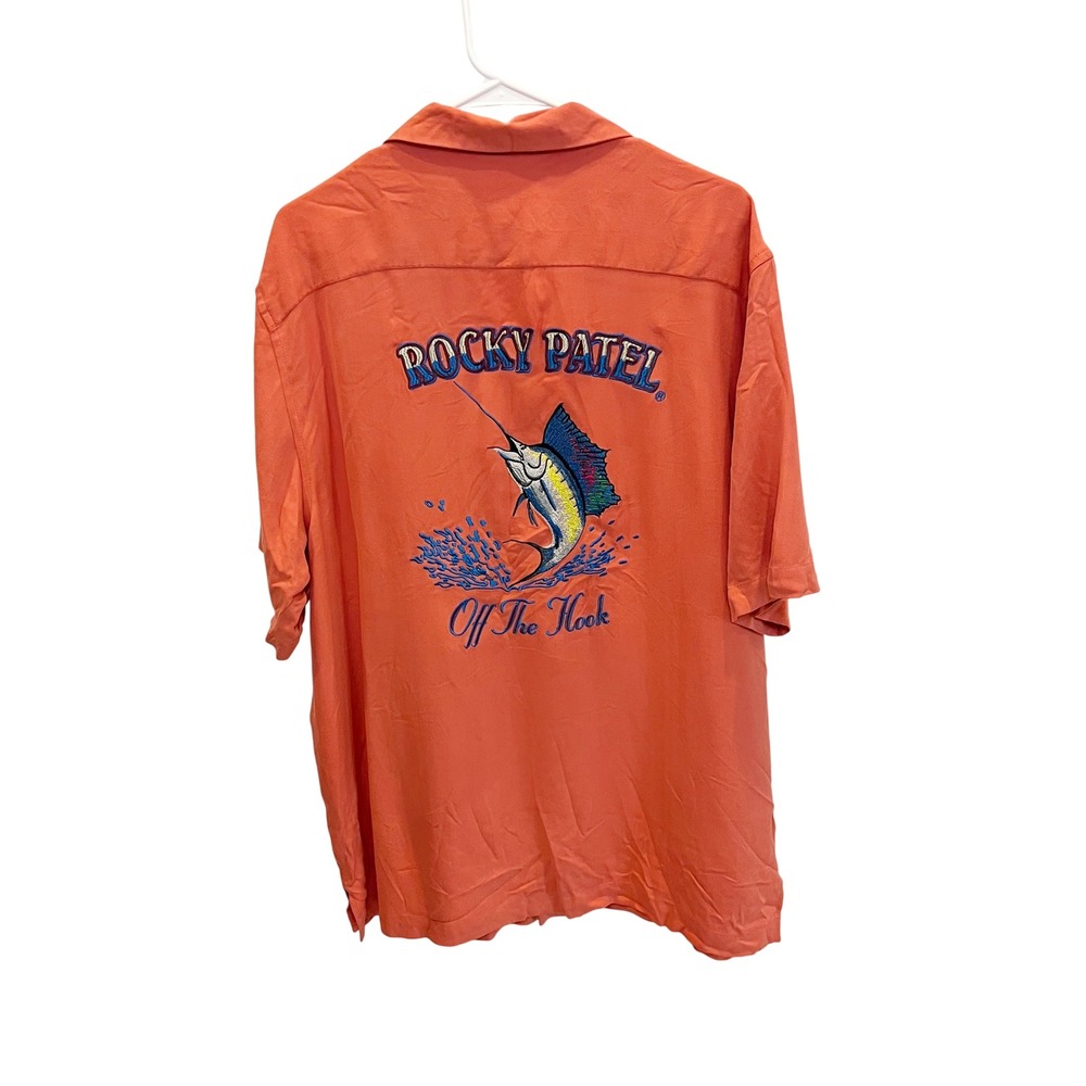 Rocky Patel Mens XL Silk Camp Shirt Coral Orange Marlin Off The Hook Embroidered